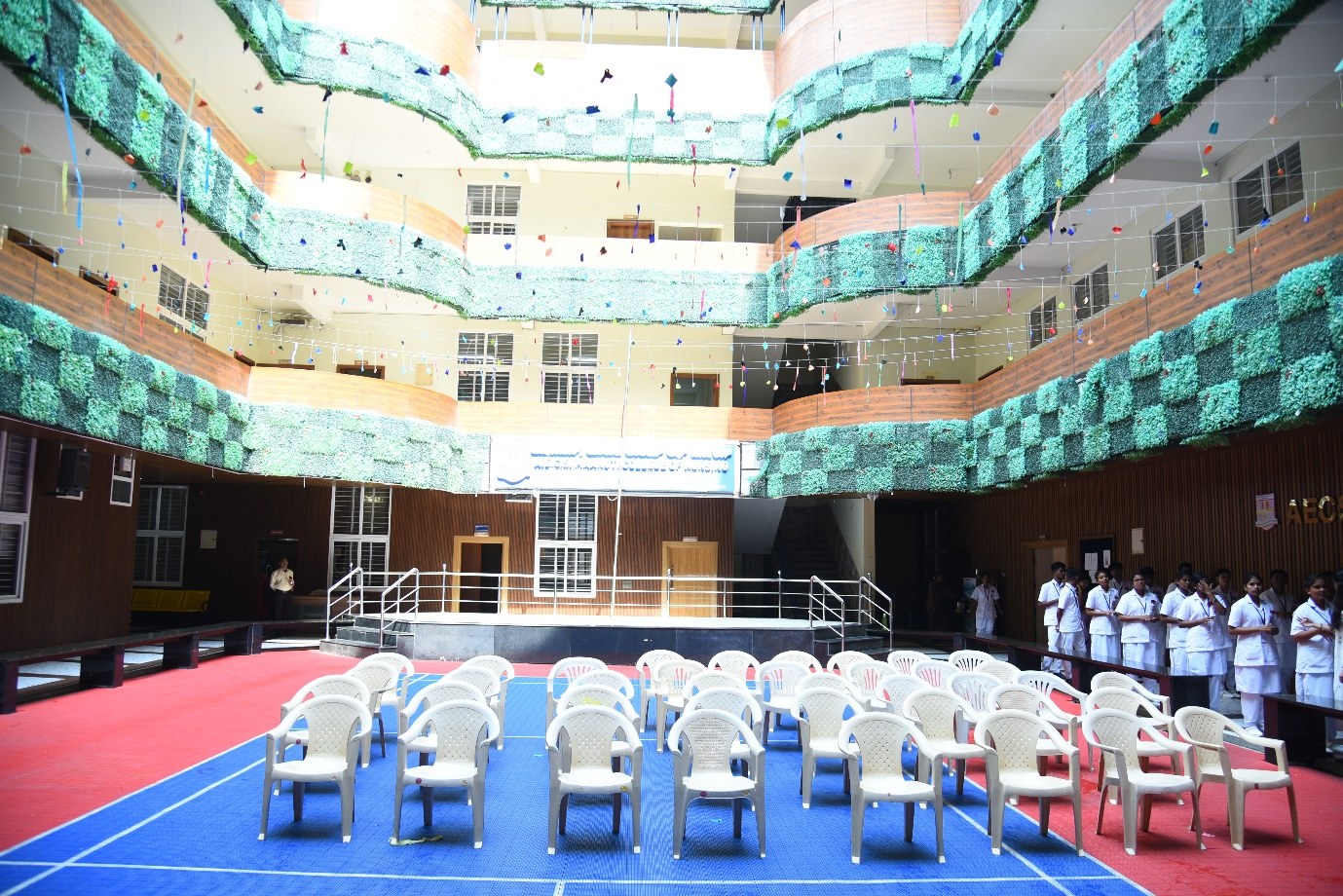Auditorium seating arranged in the AECS indoor atrium