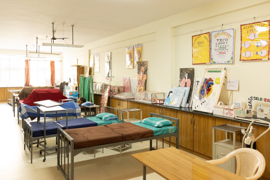 Skill lab beds prepared for supervised nursing procedure practice