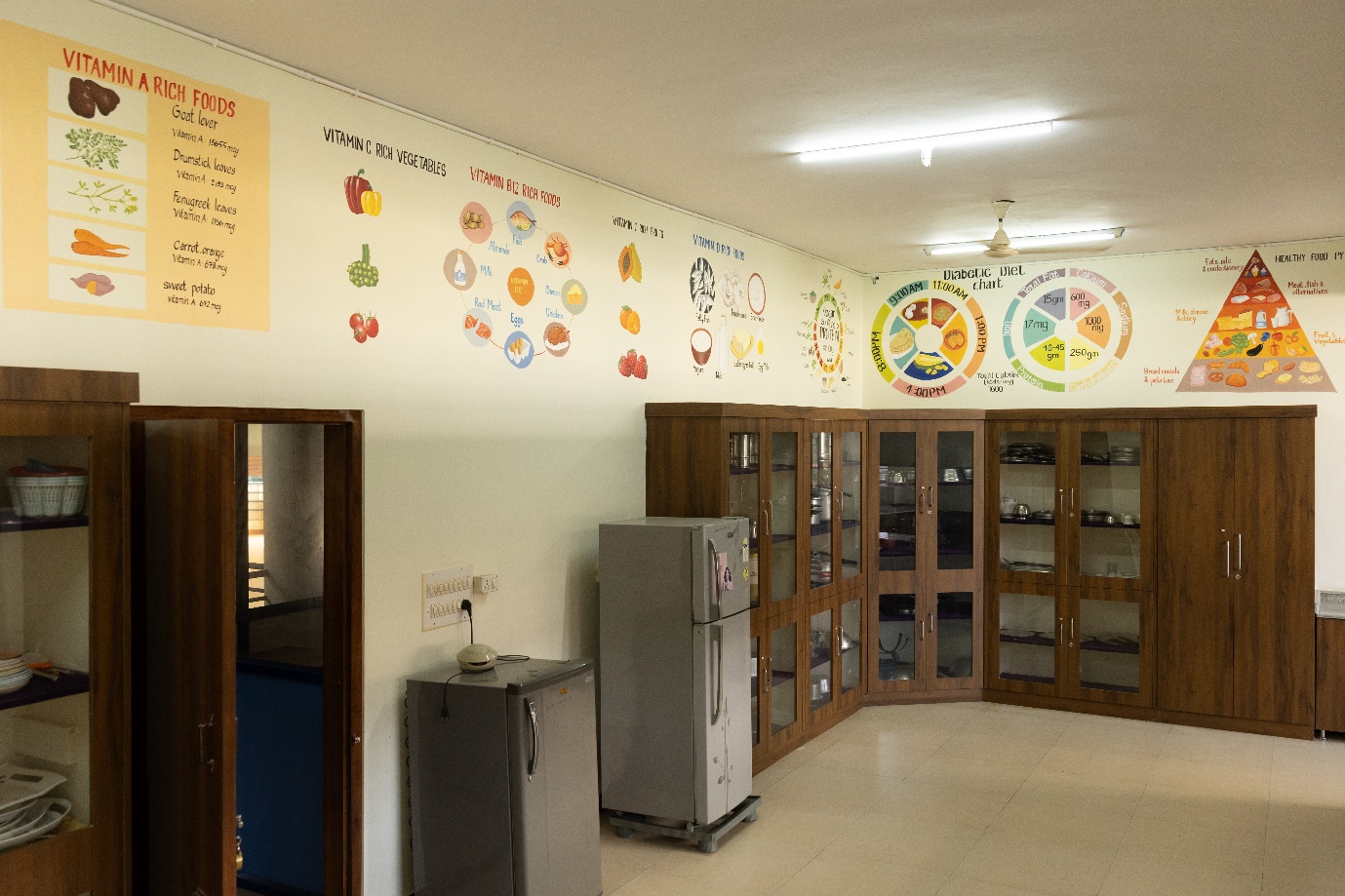 Nutrition lab with food preparation counters for diet demonstration practice