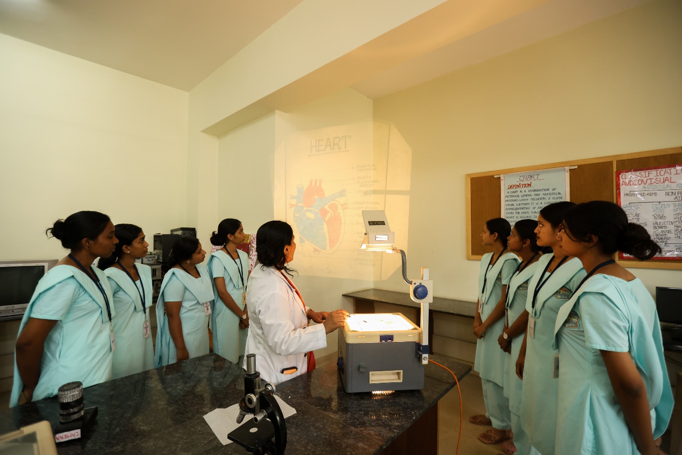 Audio-visual aids lab with teaching equipment for nursing demonstrations