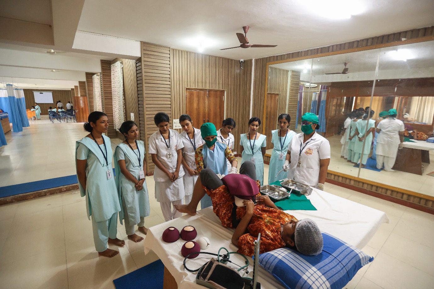 Skill lab practical training room with nursing procedure stations