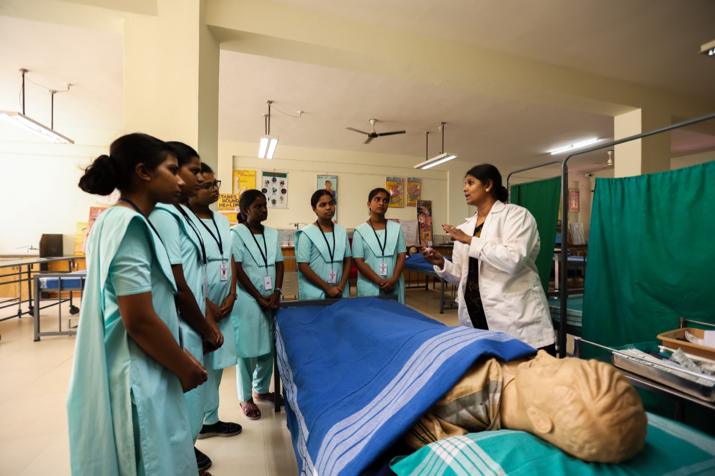 Nursing students in a live skill-lab teaching session at AECS Maaruti College of Nursing, Bengaluru