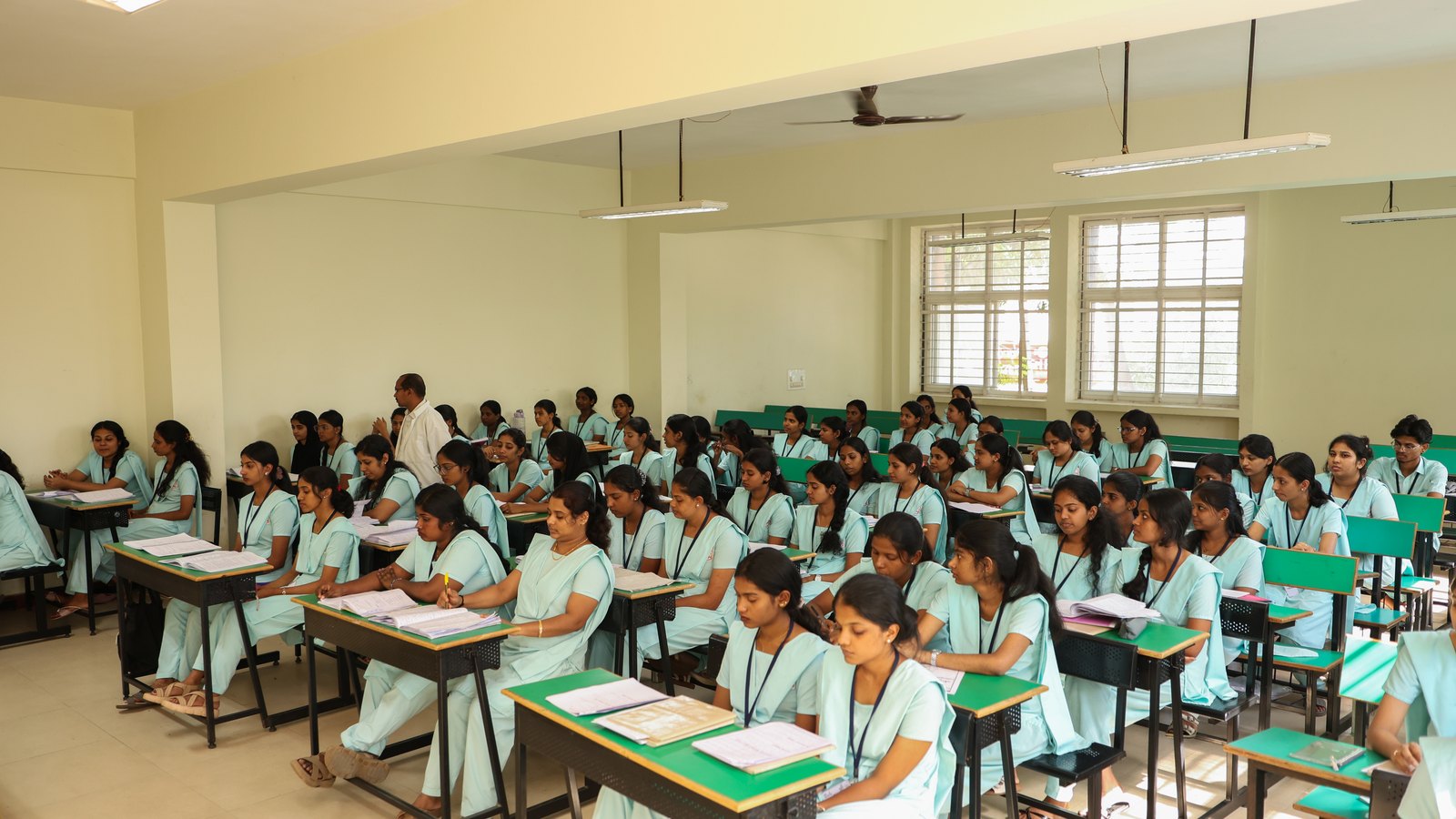 Full classroom session with nursing students at AECS Maaruti College of Nursing